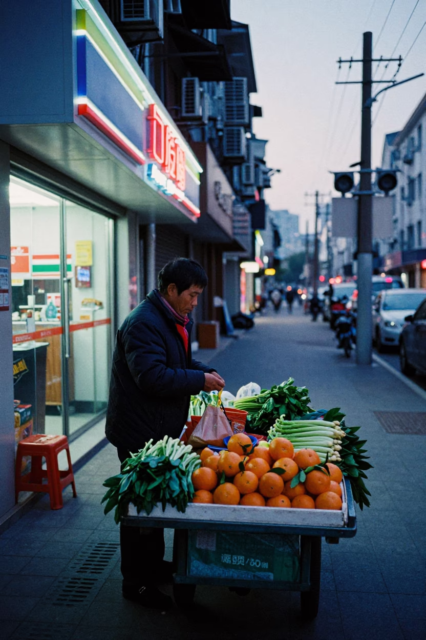 Shanghai street vendor selling fresh produce under neon lights in predawn darkness in in Shanghai, China