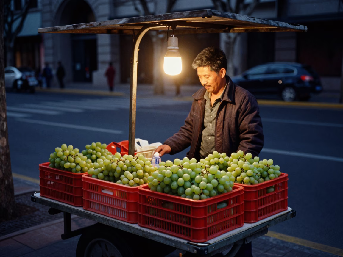 Shanghai street vendor selling fruit crates of grapes under predawn darkness in in Shanghai, China