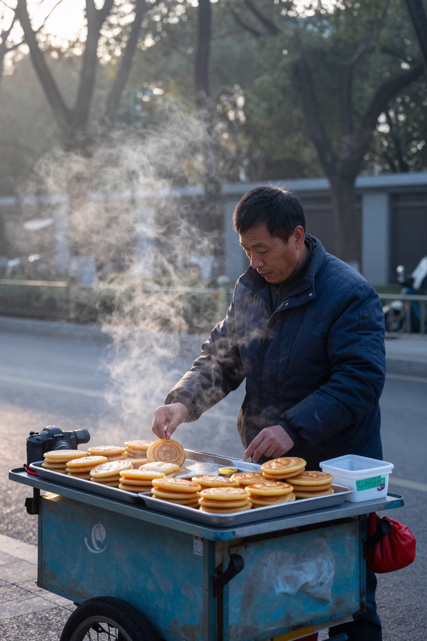 Shanghai Street Vendor Selling Loukoumades Near Banyan Grove Before Sunrise in in Shanghai, China