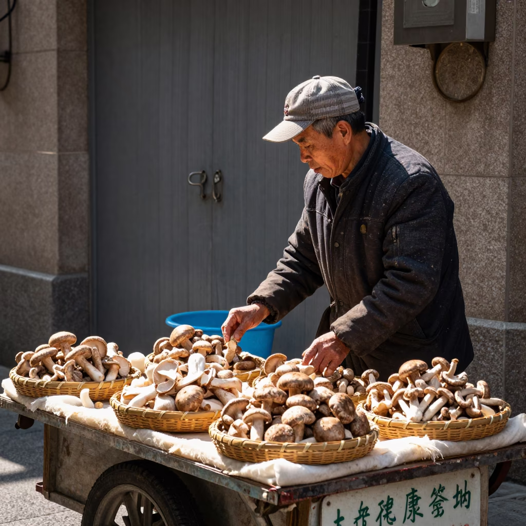 Shanghai street vendor selling mushrooms under noon glare with leaf shadows in in Shanghai, China