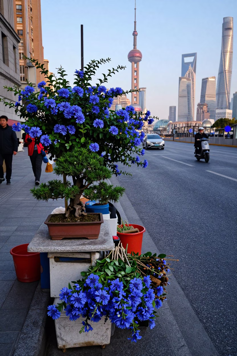 Shanghai street vendor selling plumbago hedge cuttings and bonsai juniper at nautical dawn in in Shanghai, China