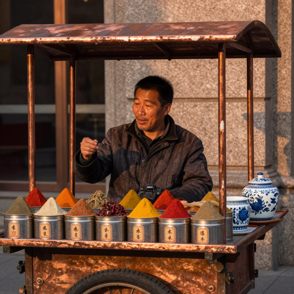 Shanghai Street Vendor Selling Spices and Porcelain in Copper Dusk Light in in Shanghai, China