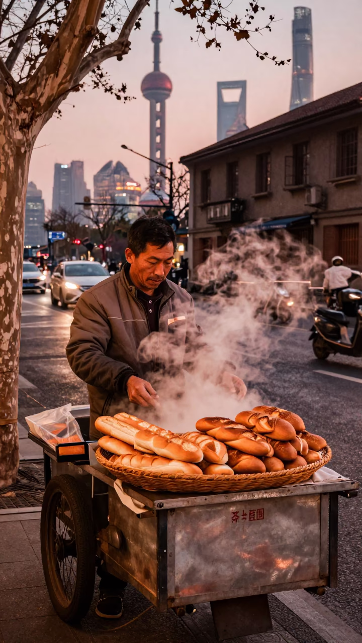 Shanghai Street Vendor Selling Steaming Bread in Copper Dusk Light in in Shanghai, China