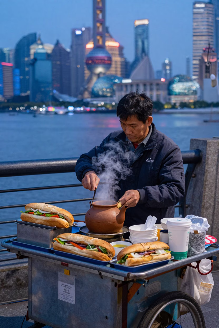 Shanghai street vendor selling Vietnamese banh mi and clay teapot at nautical dawn in in Shanghai, China
