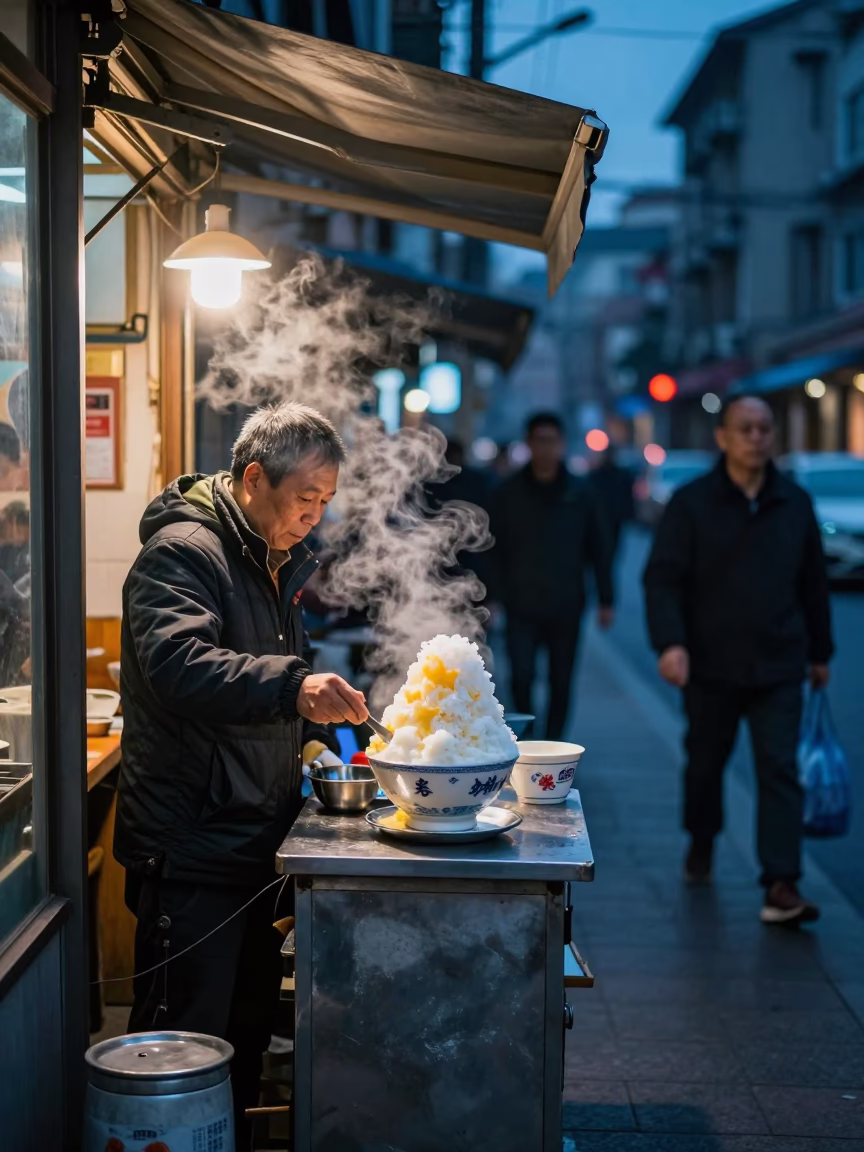 Shanghai Street Vendor Serving Condensed Milk Shaved Ice at Blue Hour Dusk in in Shanghai, China