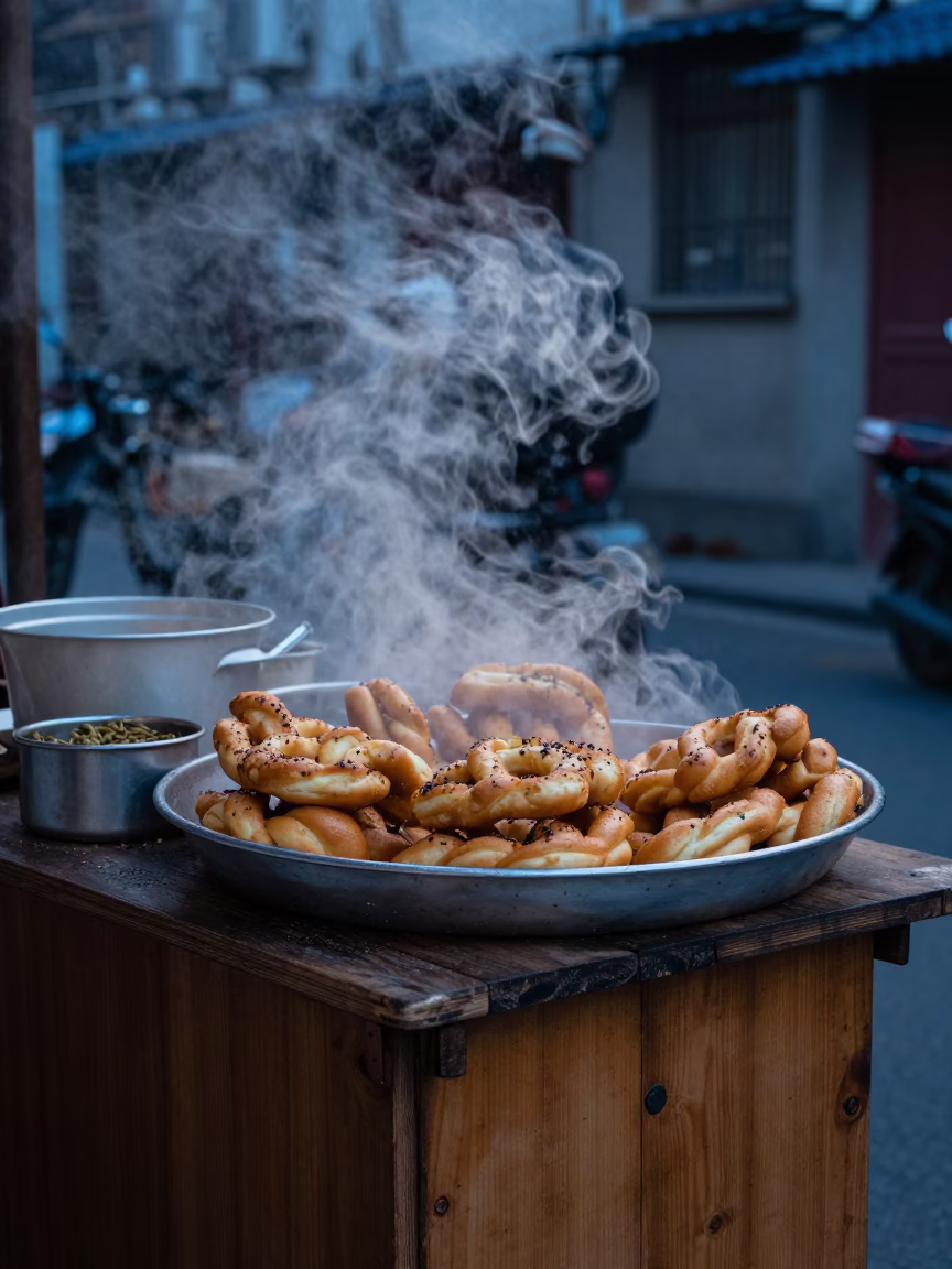 Shanghai street vendor serving fresh mandazi with cardamom before sunrise in in Shanghai, China