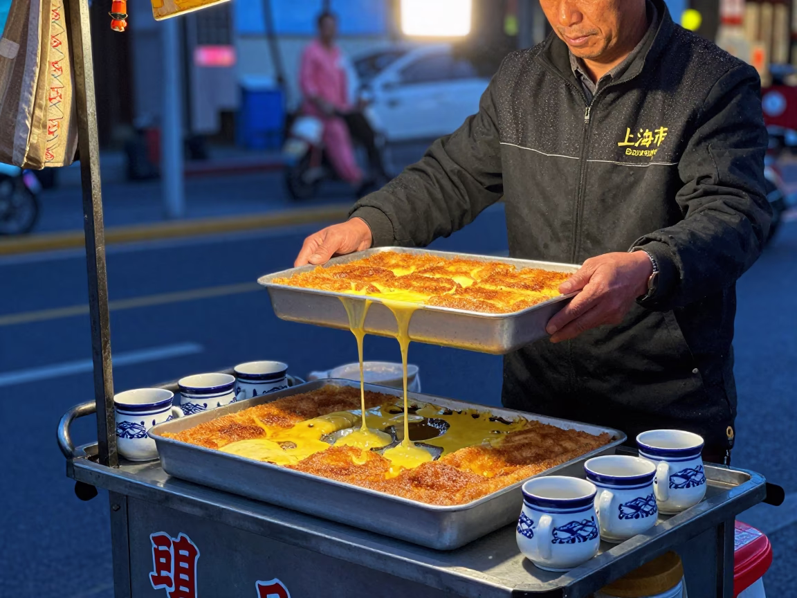 Shanghai street vendor serving kunafa dessert tray with melted cheese at twilight in in Shanghai, China