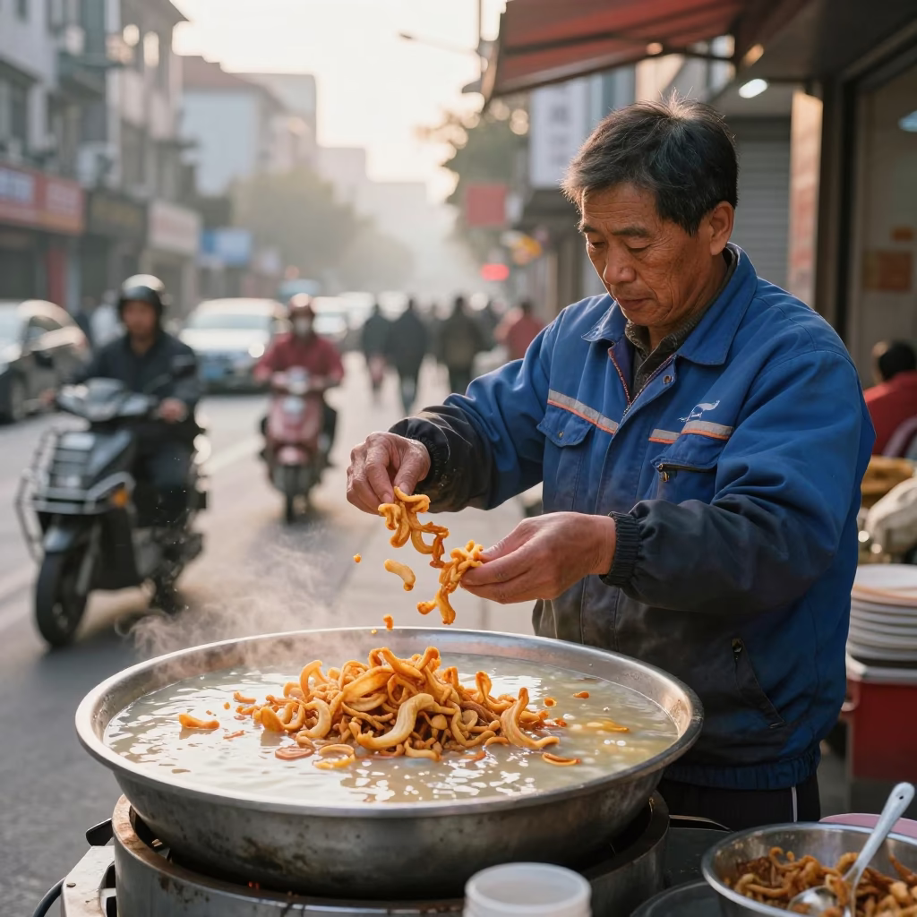 Shanghai Street Vendor Serving Morning Congee with Crispy Shallots at Dawn in in Shanghai, China