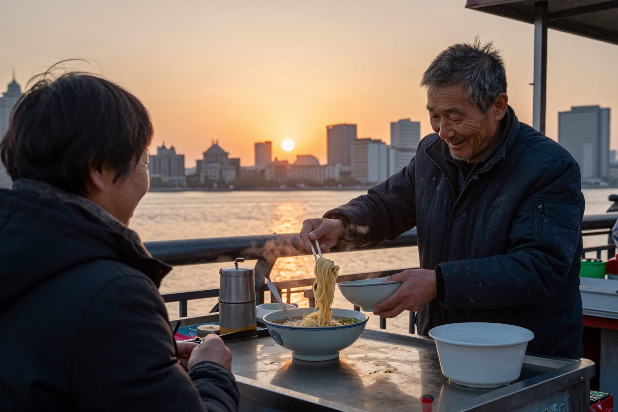 Shanghai street vendor serving noodles to smiling customer at dusk with hanging laundry in in Shanghai, China