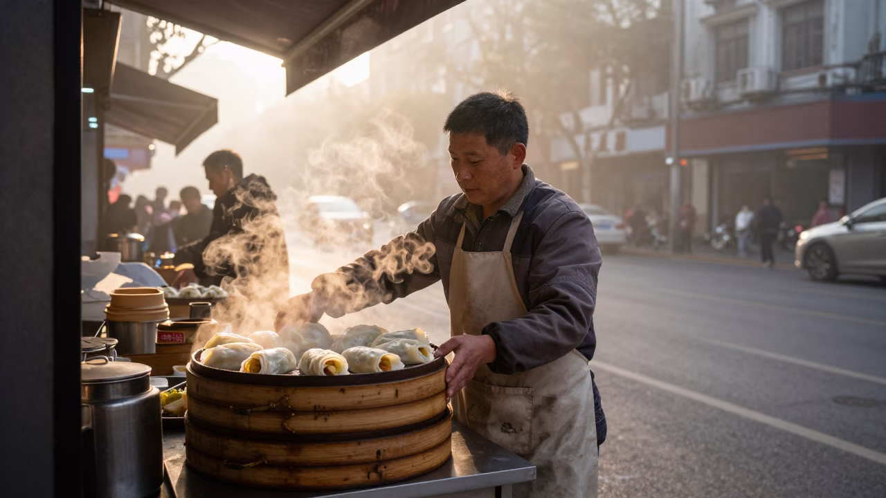 Shanghai Street Vendor Serving Steamed Rolls at Dawn with Local Customers in in Shanghai, China