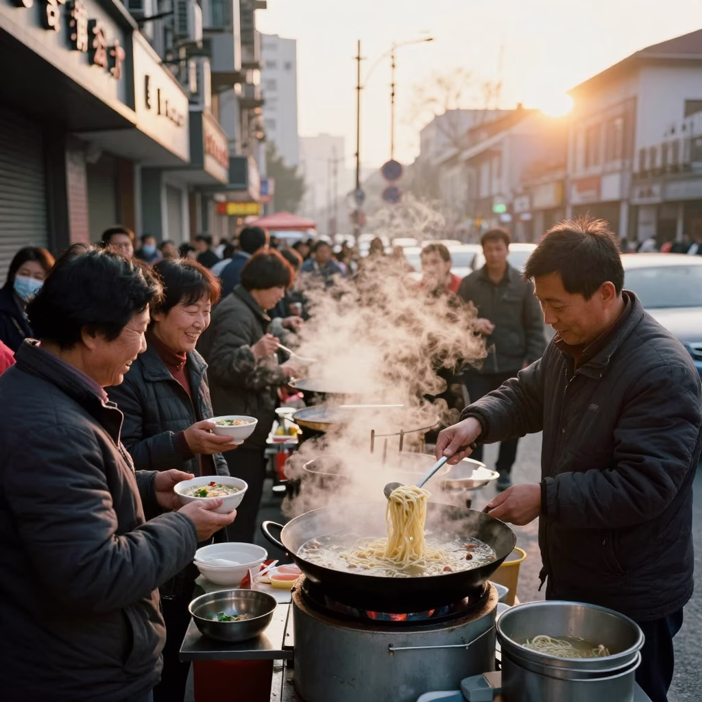 Shanghai street vendor serving steaming noodles to smiling customers at sunset in in Shanghai, China