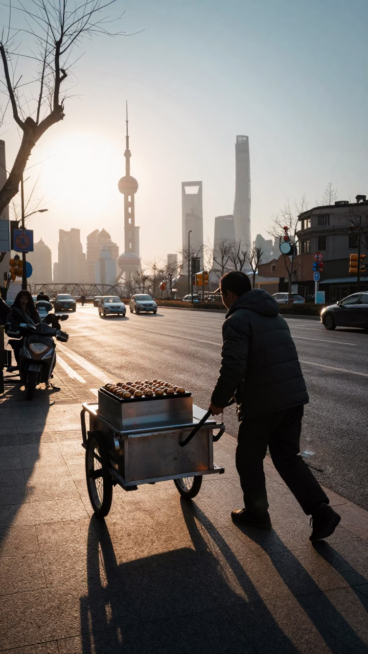 Shanghai Street Vendor Serving Takoyaki in Clear Late Afternoon Light in in Shanghai, China