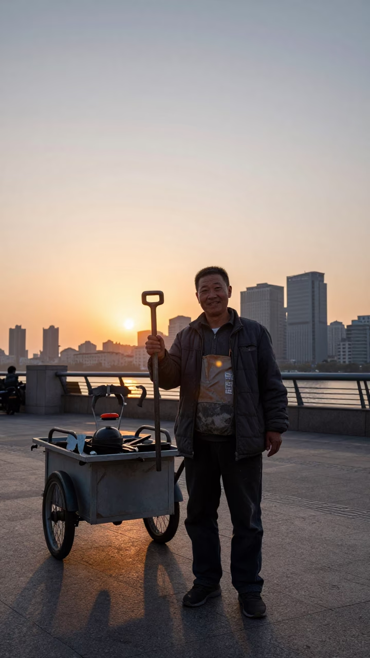 Shanghai street vendor smiling with iron deadbolt tool near sunset horizon in in Shanghai, China