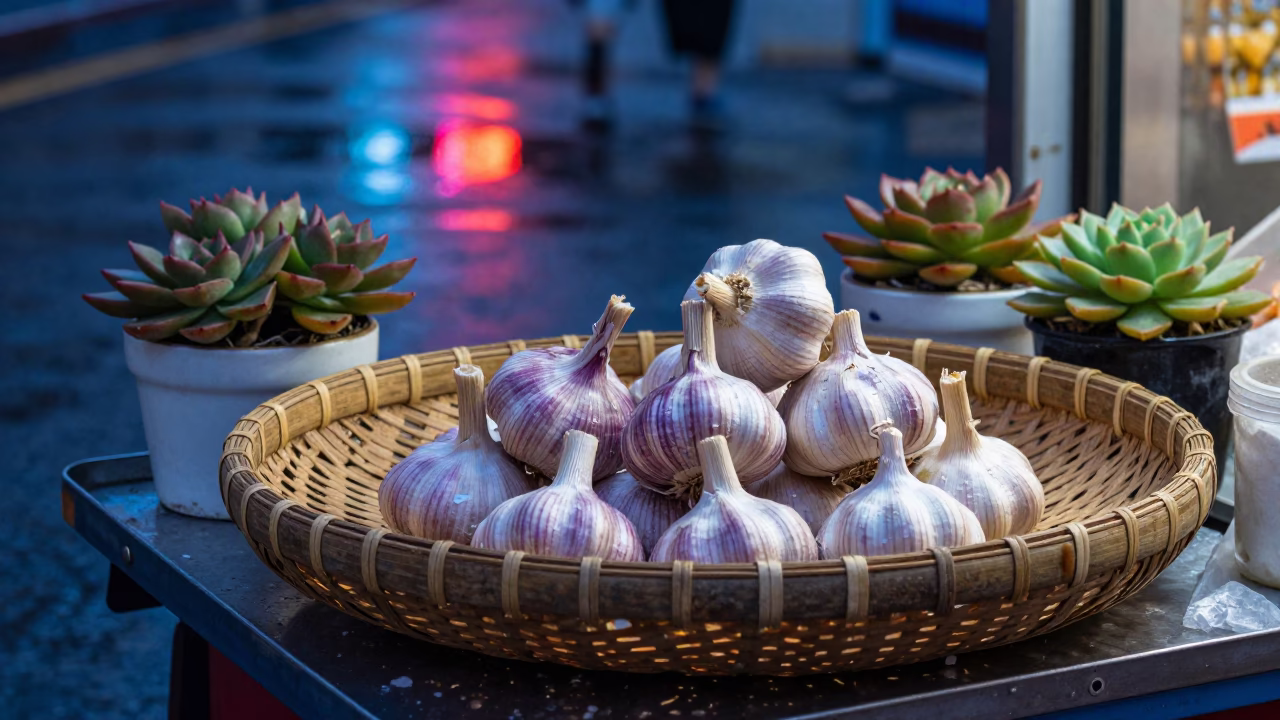 Shanghai street vendor stall at blue hour with garlic and succulents in in Shanghai, China
