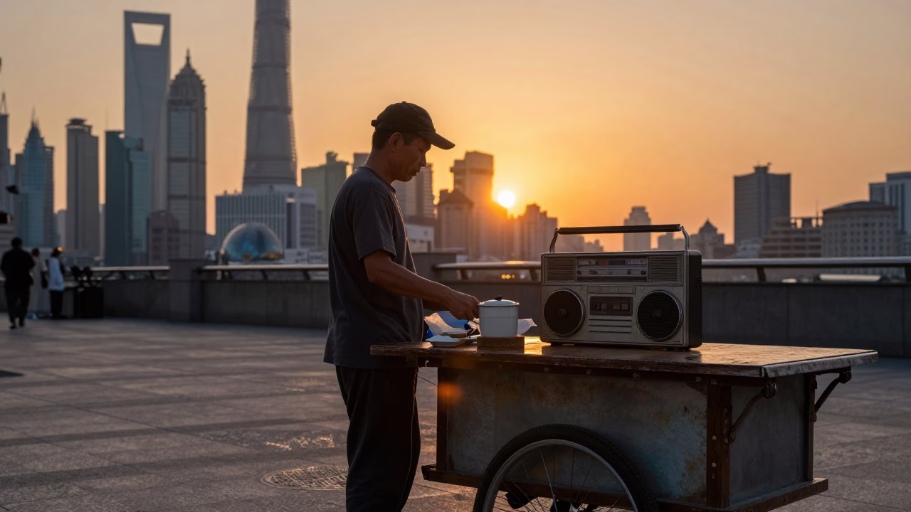 Shanghai Street Vendor Sunset Scene with Vintage Radio and Espressos in in Shanghai, China