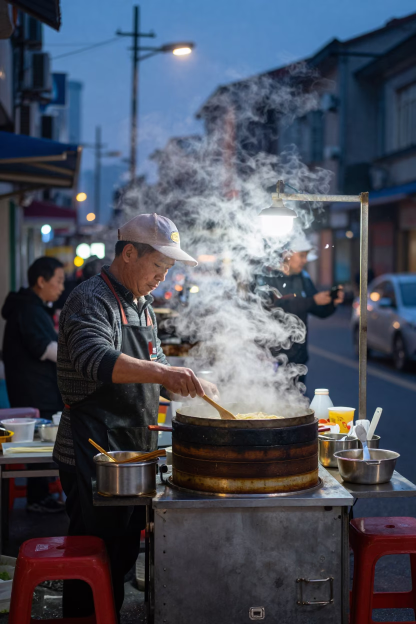 Shanghai Street Vendor Twilight Steam Haze Cooking Scene with Tea Stains in in Shanghai, China