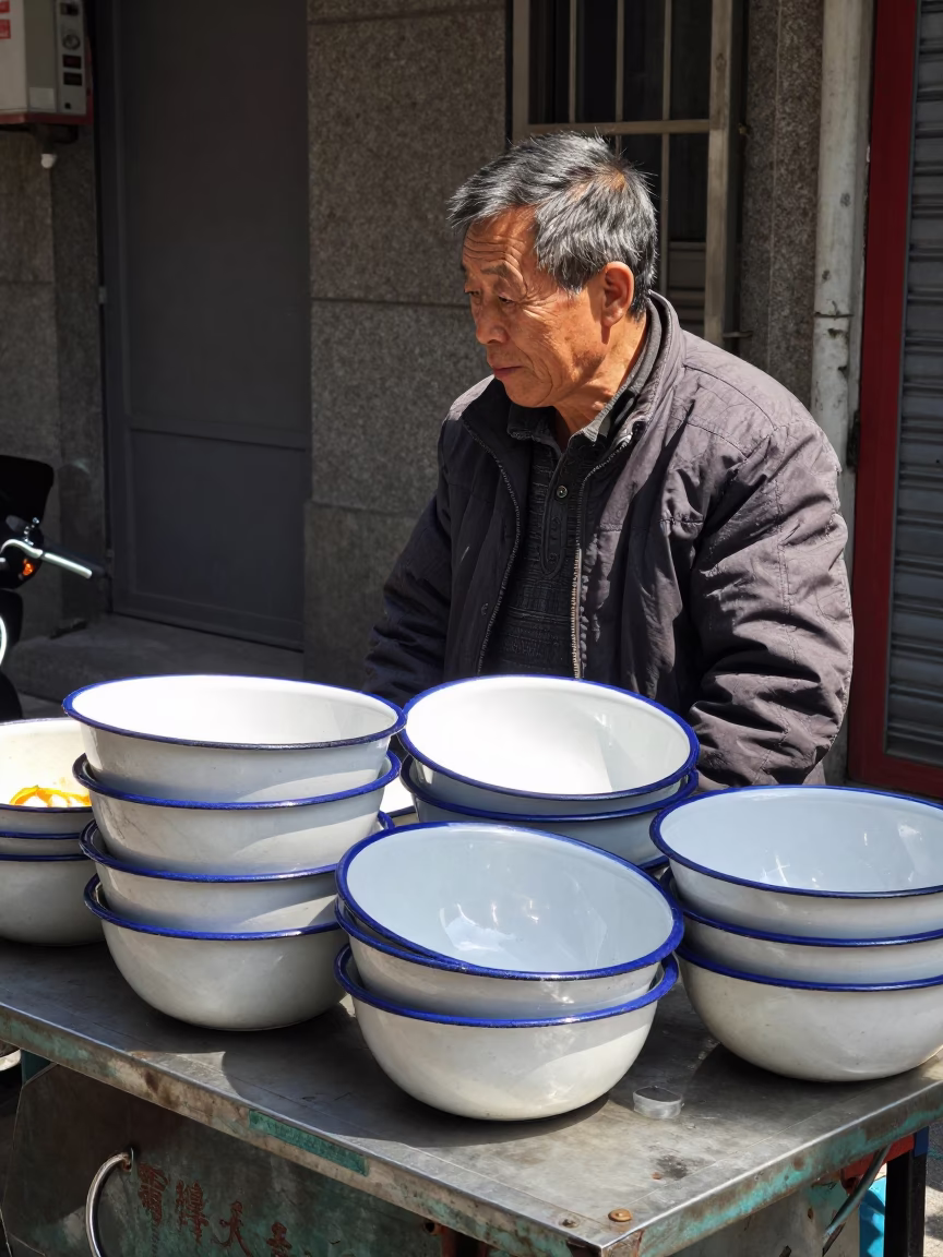 Shanghai Street Vendor With Enamel Bowls Under Flat Noon Light in in Shanghai, China