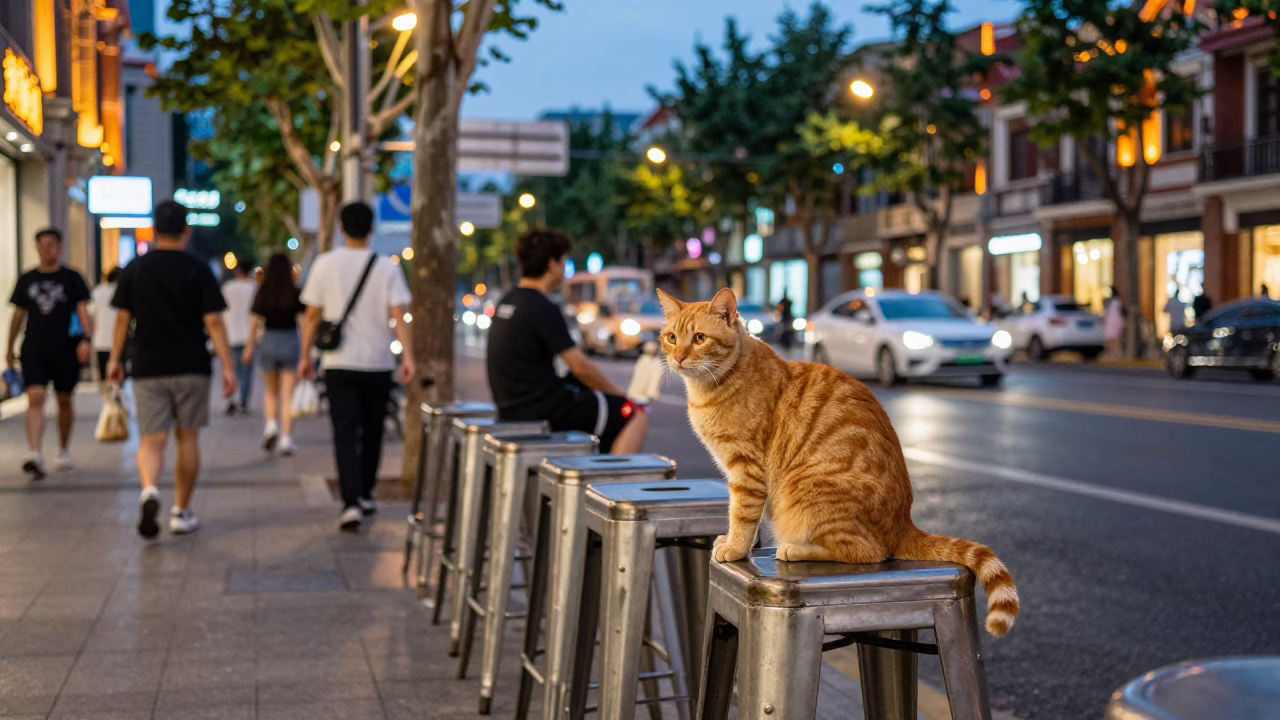 Shanghai Summer Evening Street Scene with Orange Cat and Bar Stools in in Shanghai, China