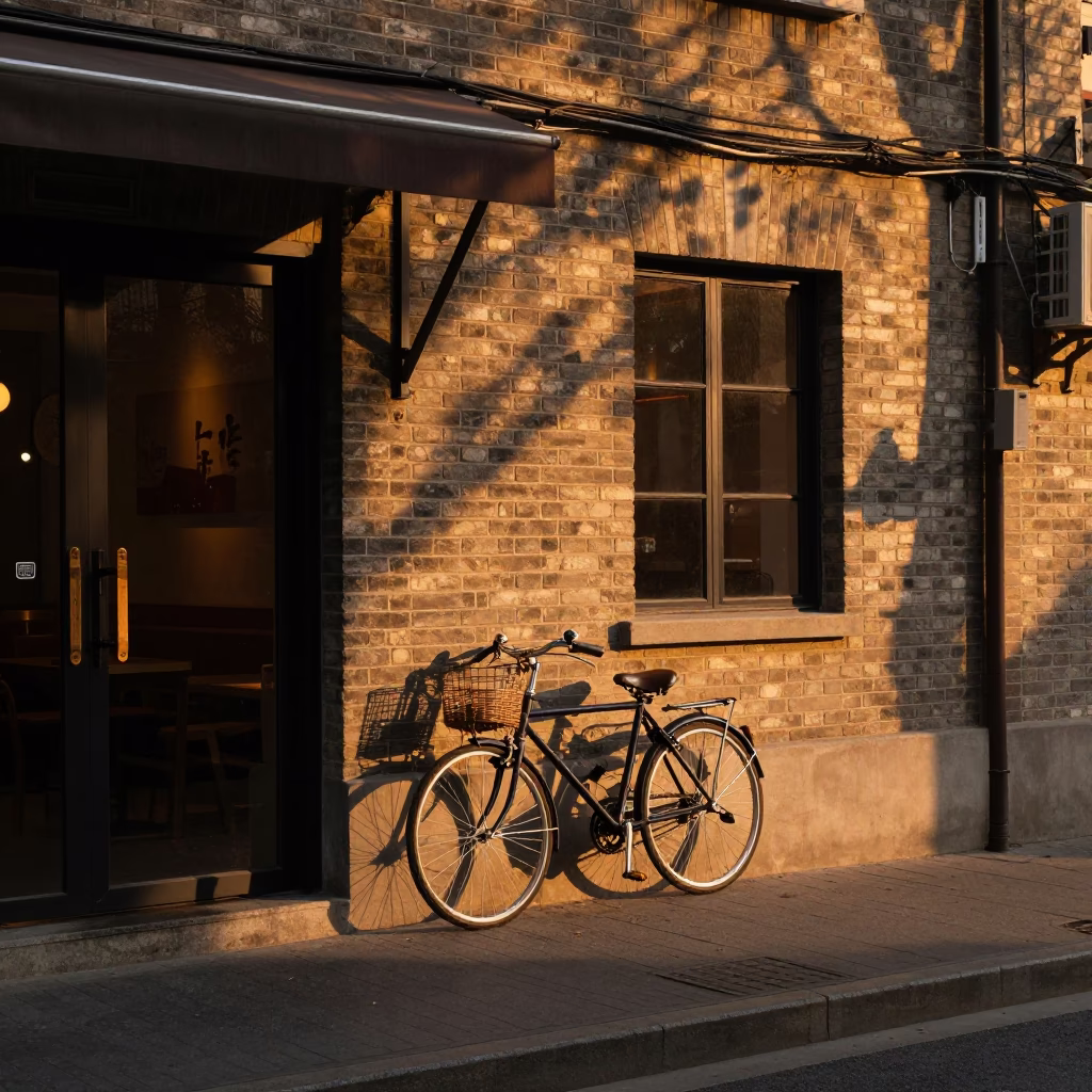 Shanghai Sunset Street Scene with Bicycle Leaning Against Cafe and Urban Details in in Shanghai, China