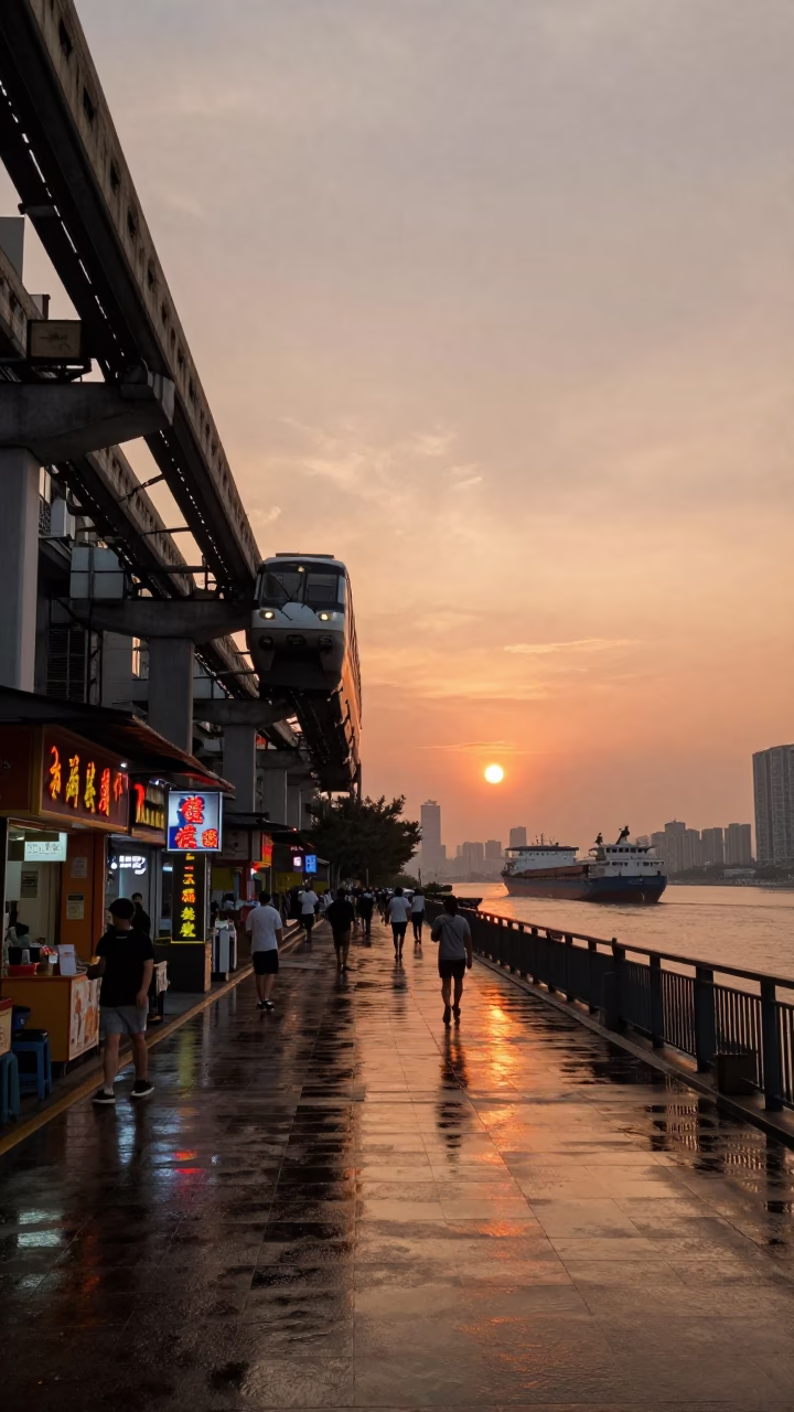 Shanghai Sunset Street Scene with Monorail and Cargo Ship Horizon in in Shanghai, China