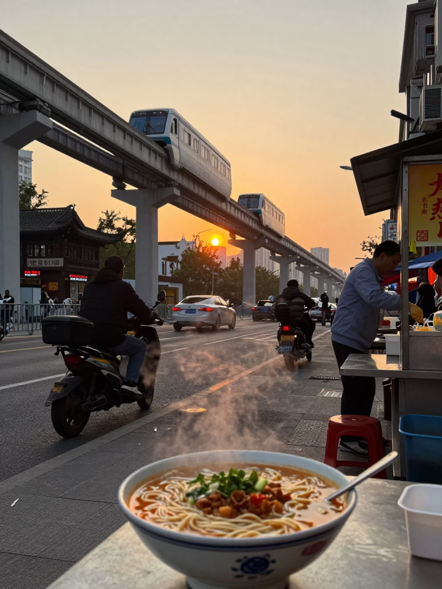 Shanghai Sunset Street Scene with Monorail and Traditional Noodle Soup in in Shanghai, China