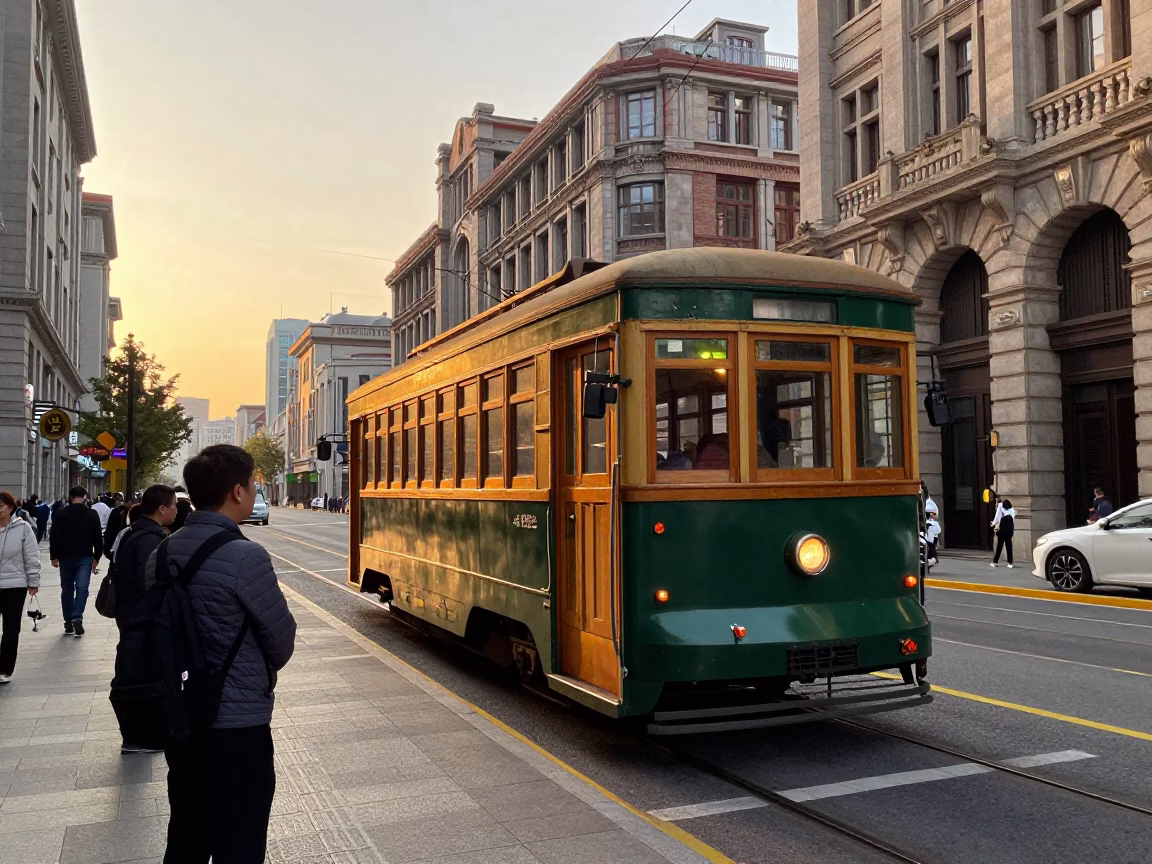 Shanghai Sunset Street Scene with Old Trolley and Brushed Steel Details in in Shanghai, China