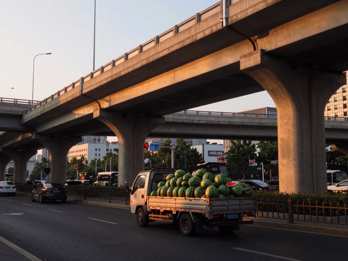Shanghai Sunset Street Scene with Overpass Interchange and Watermelon Truck in in Shanghai, China