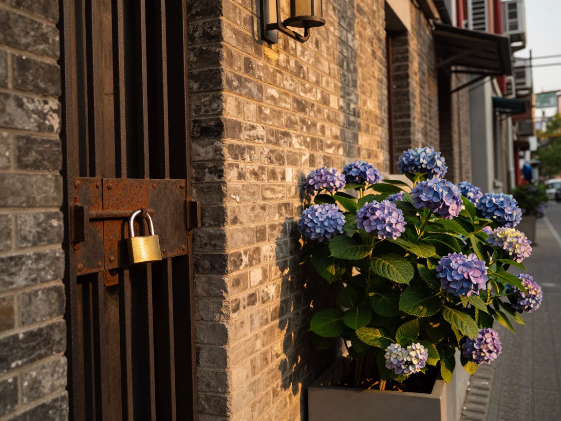 Shanghai Sunset Street Scene with Padlock and Hydrangea Bush in in Shanghai, China