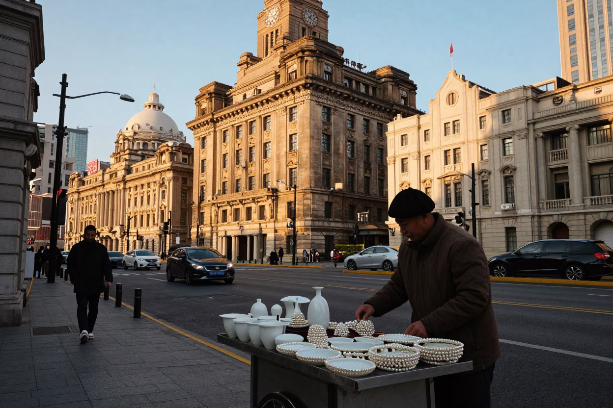 Shanghai Sunset Street Scene with Pearl Porcelain and Wool Scarves in in Shanghai, China