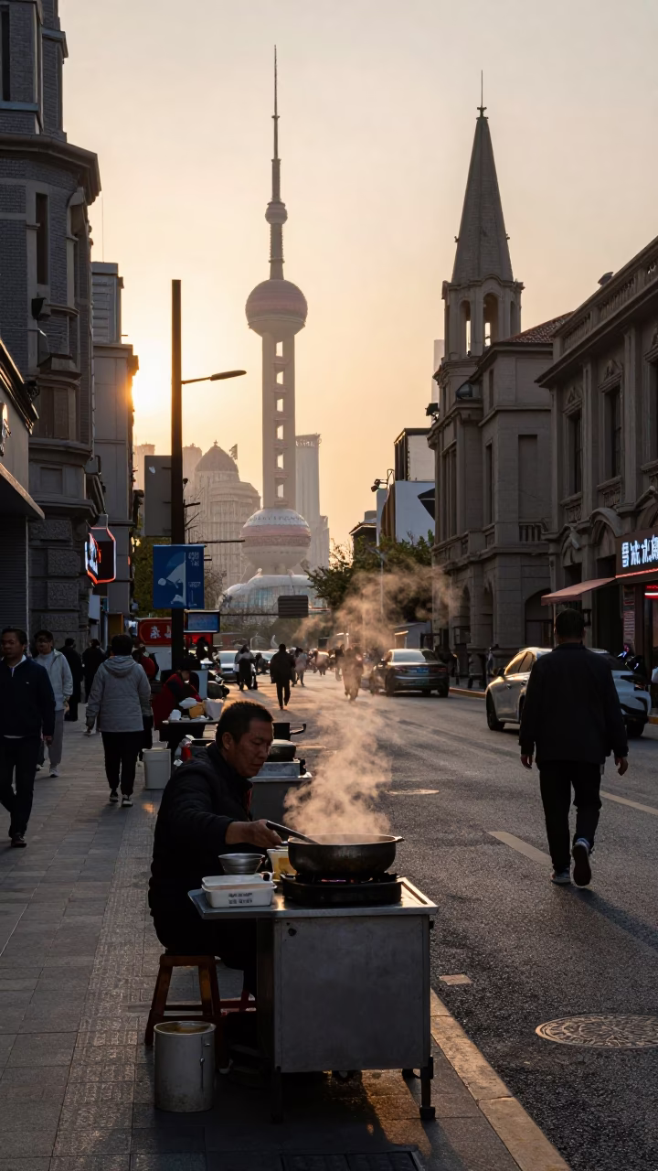 Shanghai Sunset Street Scene with Traditional Food Vendors and Urban Background in in Shanghai, China