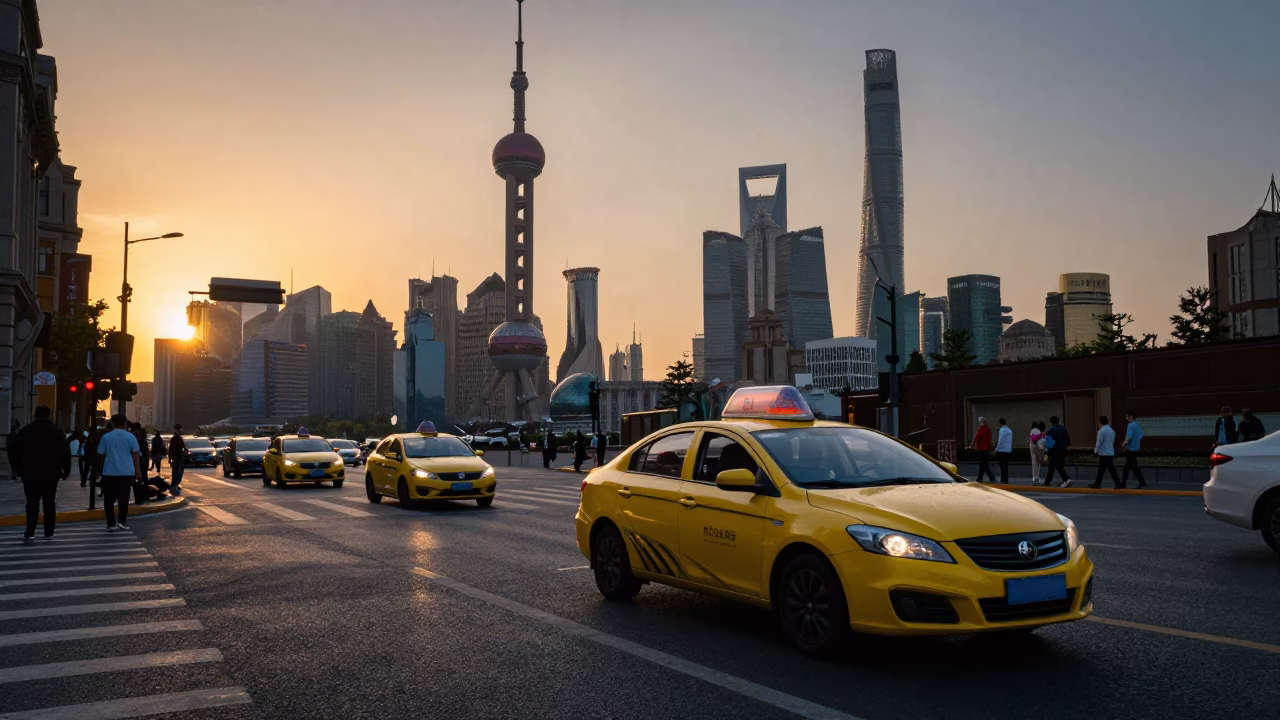 Shanghai Sunset Street Scene with Yellow Taxi and Commuter Train Bridge View in in Shanghai, China
