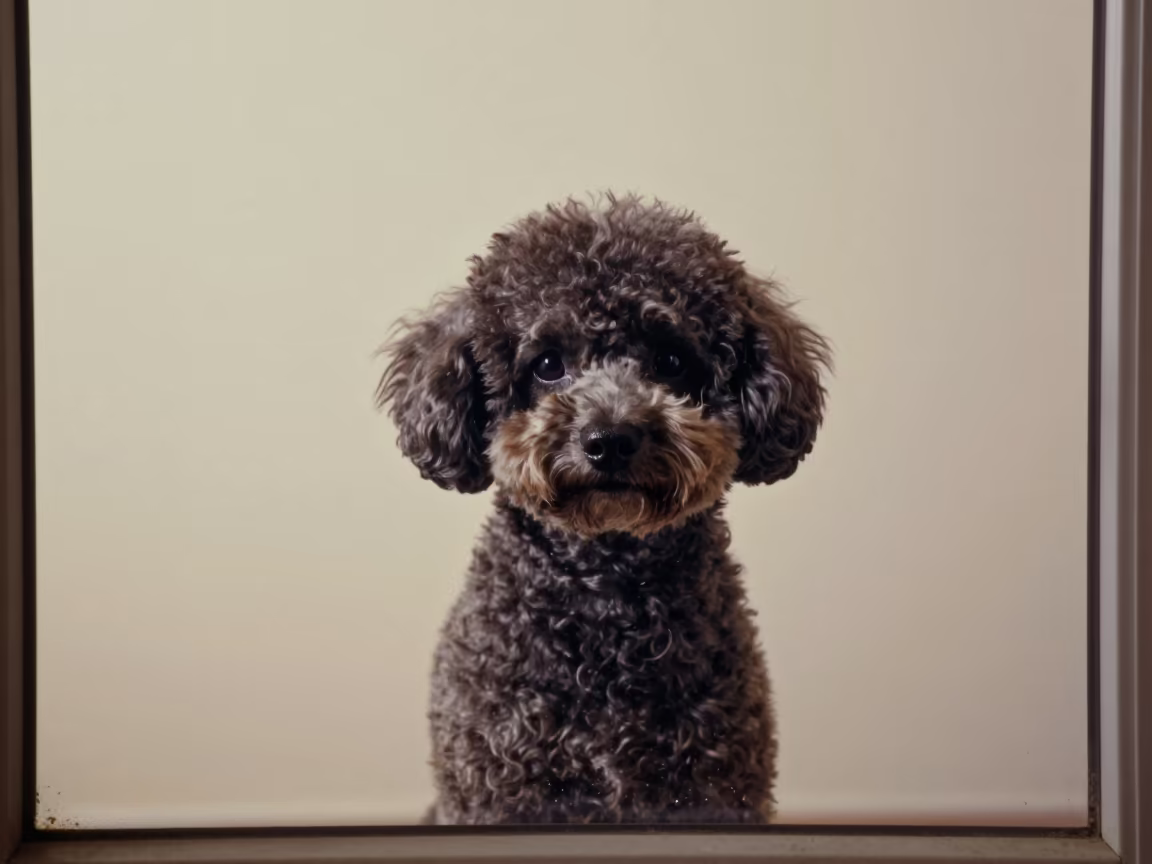 Shanghai Teacup Poodle Portrait in Soft Light in beside a plain plaster wall in soft indoor light with the animal centered in frame in Shanghai