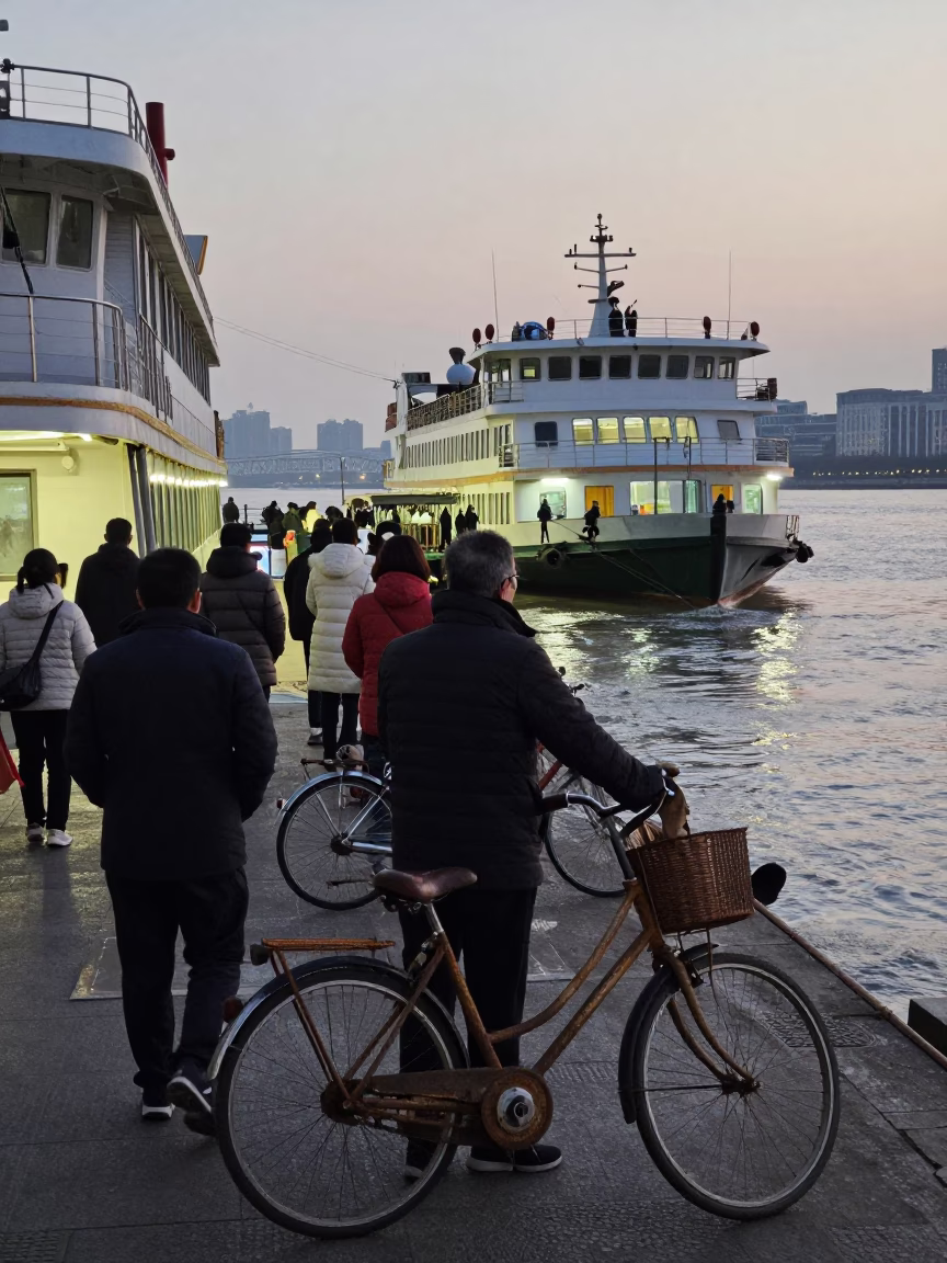 Shanghai Twilight Ferry Dock Loading Passengers and Bicycles Near Bund in in Shanghai, China