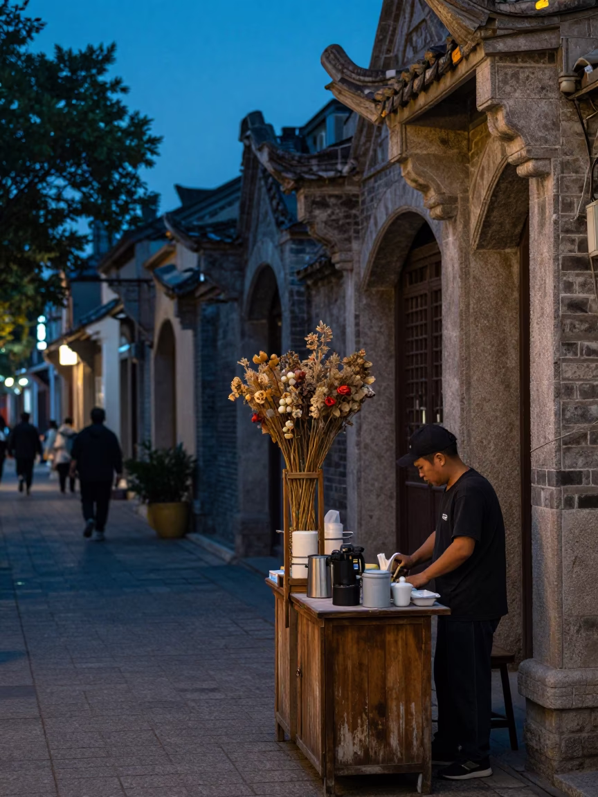Shanghai Twilight Street Scene with Dried Flowers and Traditional Architecture in in Shanghai, China