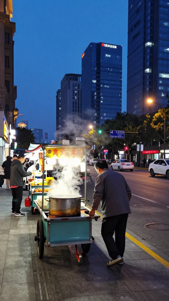 Shanghai Twilight Street Scene with Food Vendor and Urban Architecture in in Shanghai, China