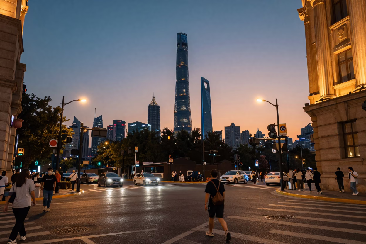 Shanghai Twilight Street Scene with Neon Lights and Cassette Tapes in in Shanghai, China