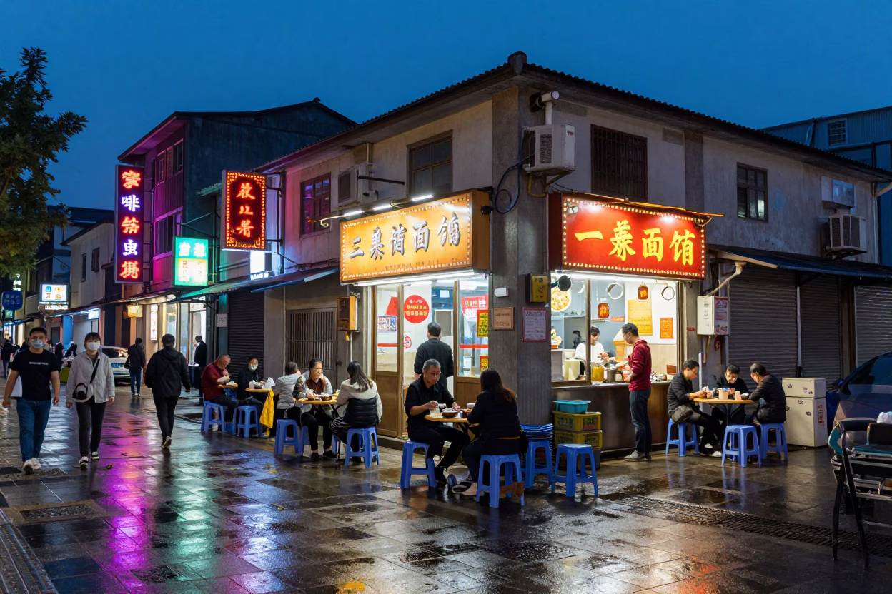 Shanghai Twilight Street Scene with Neon Lights and Local Diners in in Shanghai, China