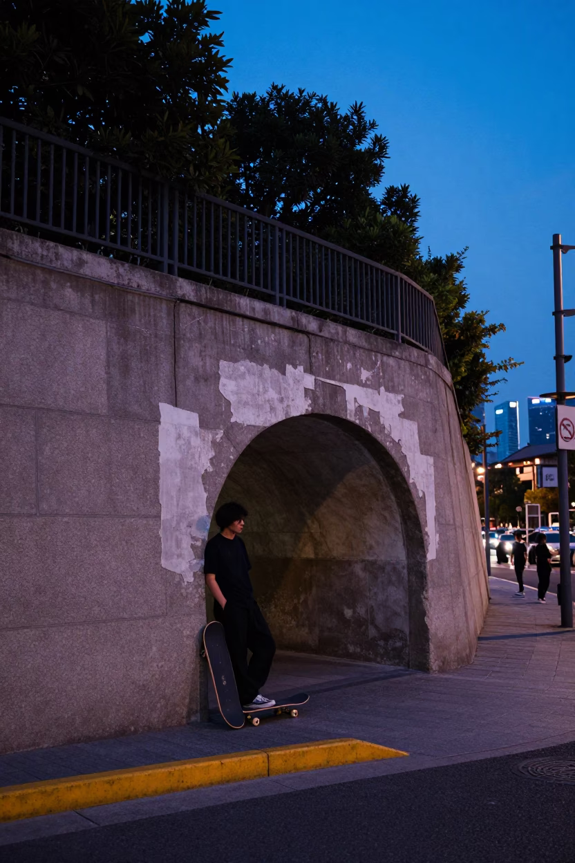 Shanghai Twilight Street Scene with Skateboard and Concrete Tunnel Retaining Wall in in Shanghai, China