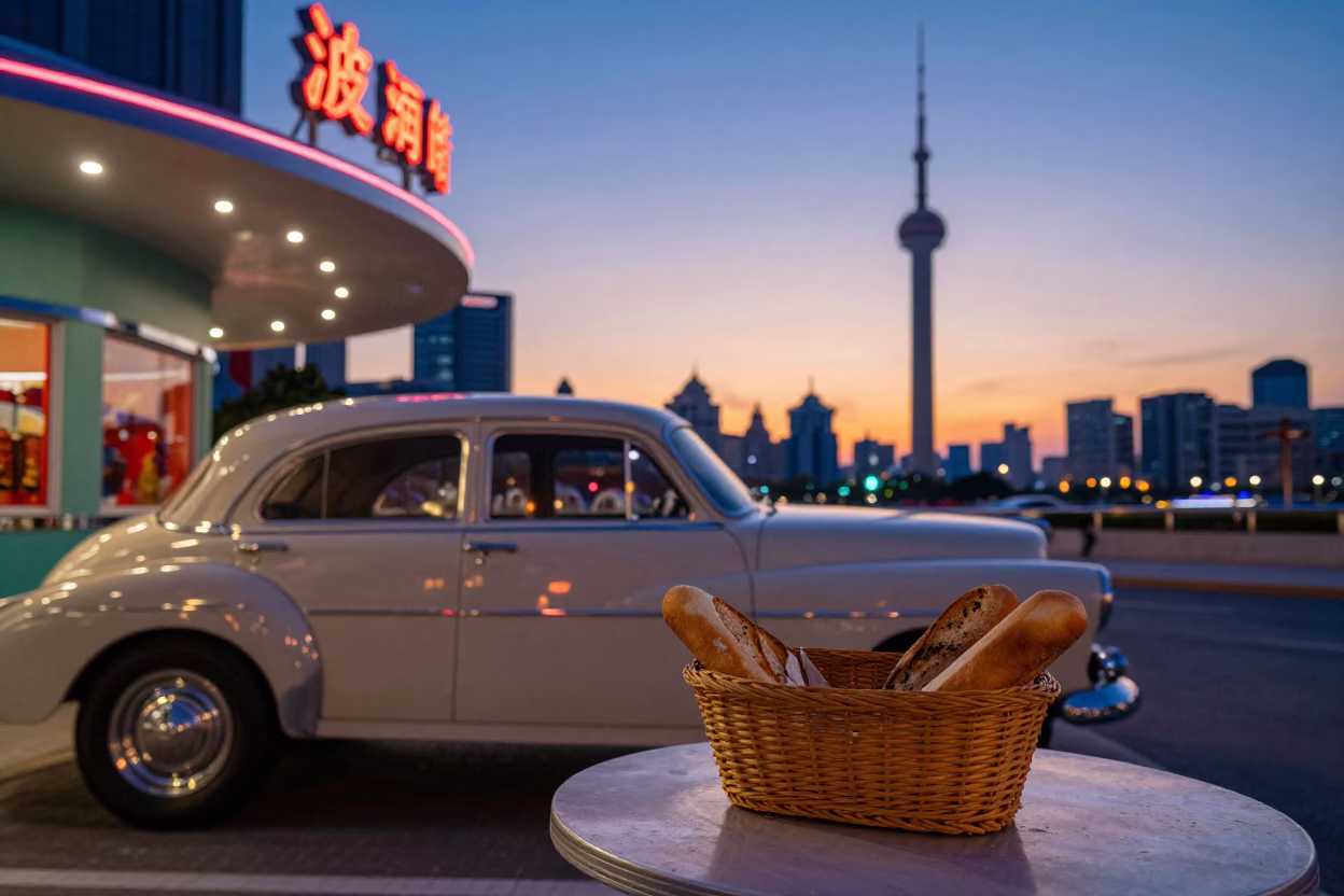 Shanghai Twilight Street Scene with Vintage Car and Woven Bread Basket in in Shanghai, China