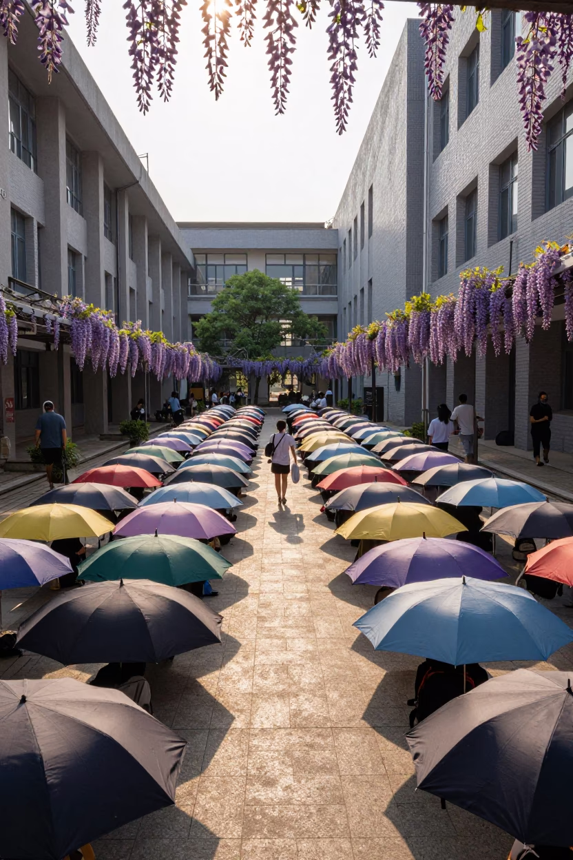 Shanghai University Courtyard First Light Umbrellas Seminar Blocks Wisteria Pergola in in Shanghai, China
