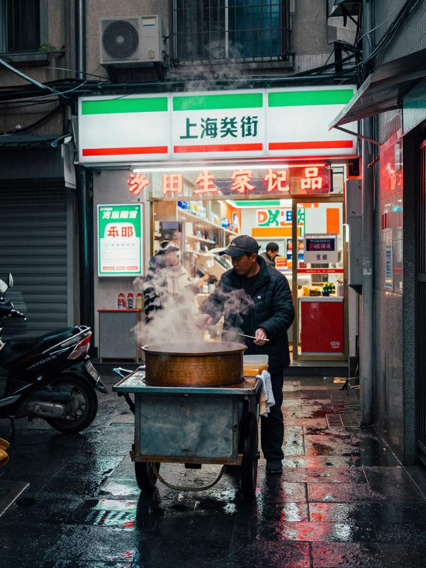 Shanghai Vendor at First Light in in Shanghai, China