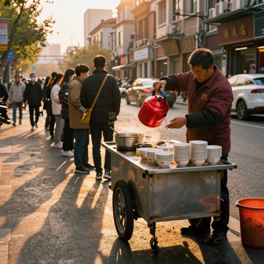 Shanghai Vendor Cooking at Golden Hour in in Shanghai, China