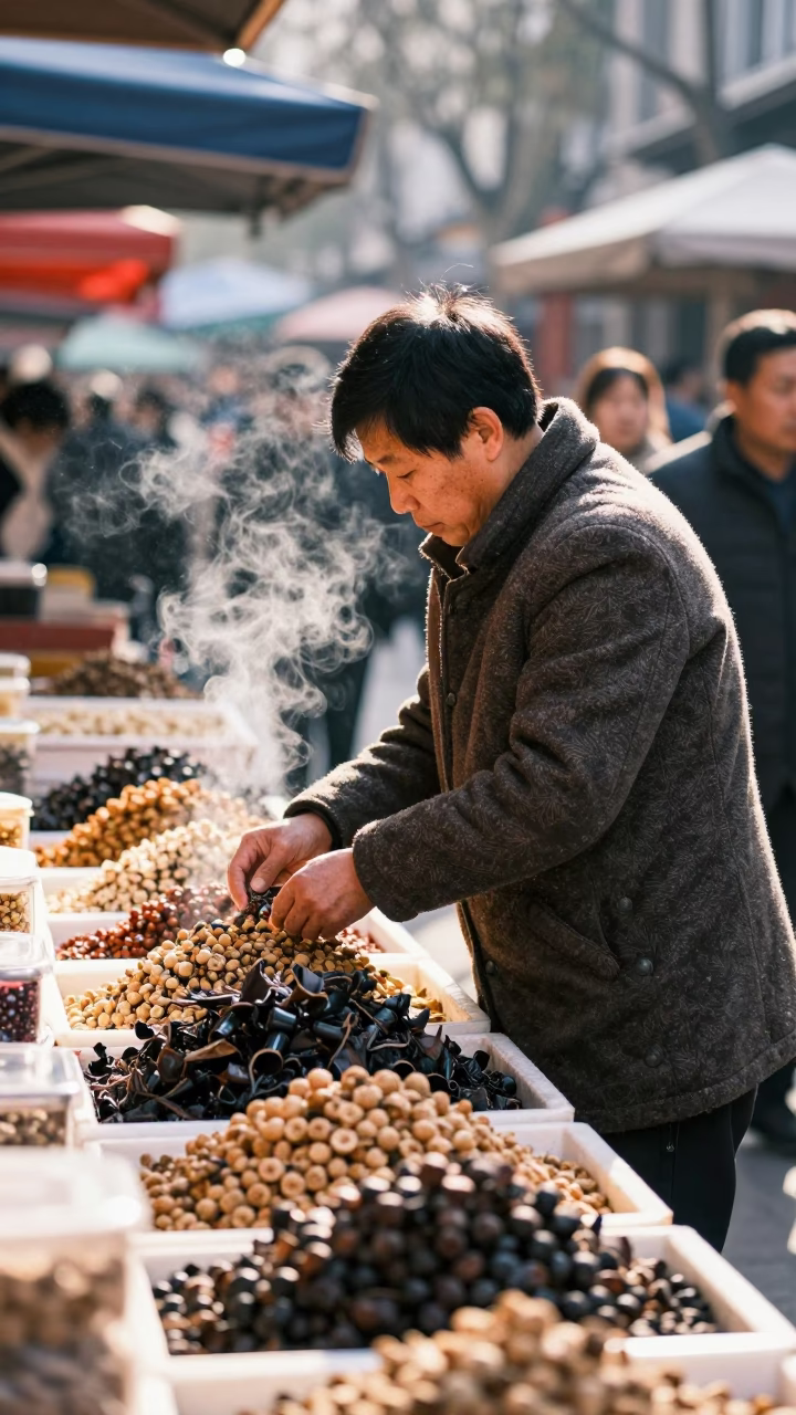 Shanghai Winter Street Market Vendor Handling Dried Goods at Noon in in Shanghai, China