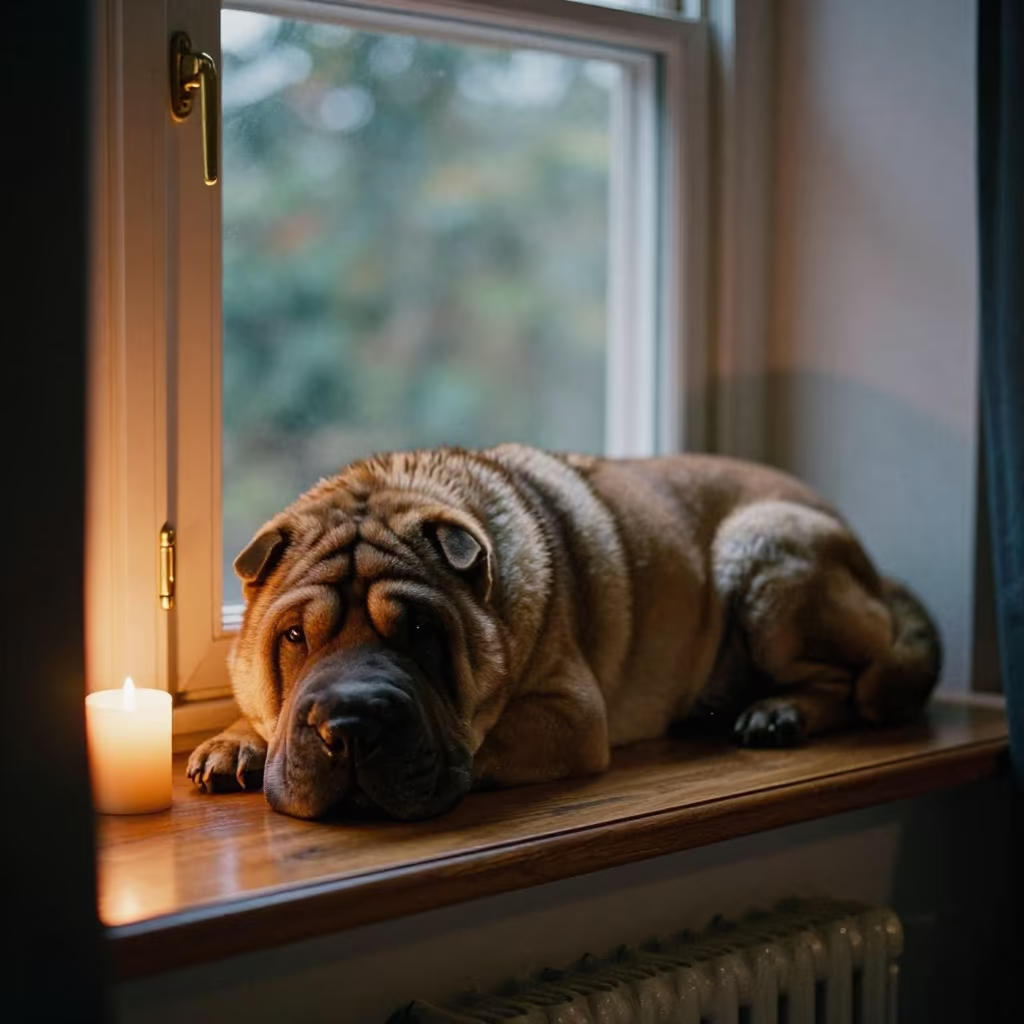Shar-Pei on Window Seat in Bloléquin Evening in on a window seat in a quiet apartment with soft side light in Bloléquin