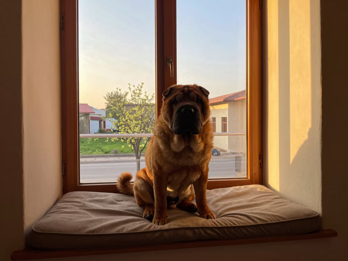 Shar-Pei Portrait in Annaba Window Seat in on a cushioned window seat with soft side light and an uncluttered background in Annaba