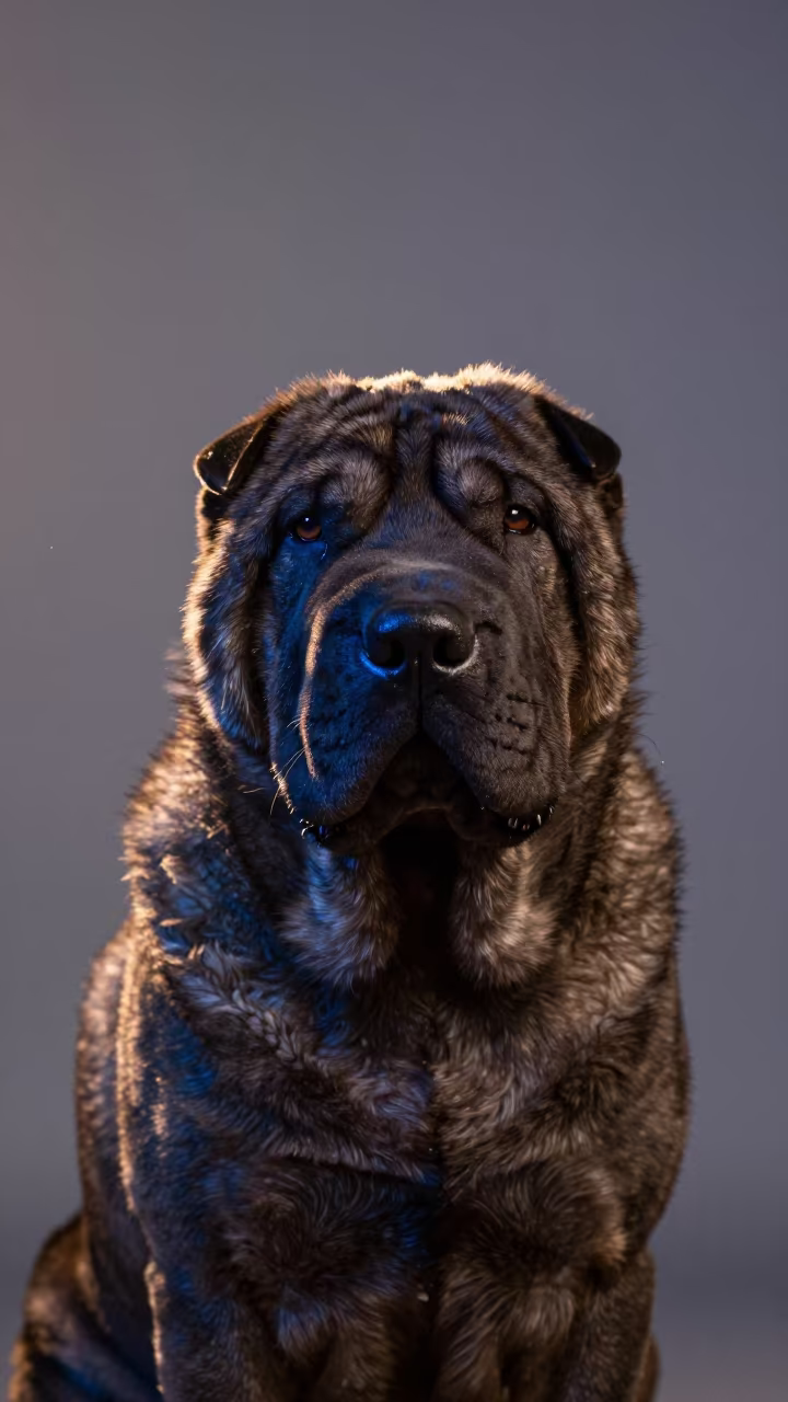 Shar-Pei Portrait in Sofia Studio with Evening Light in in a quiet portrait studio with a plain backdrop and eye-level framing in Sofia