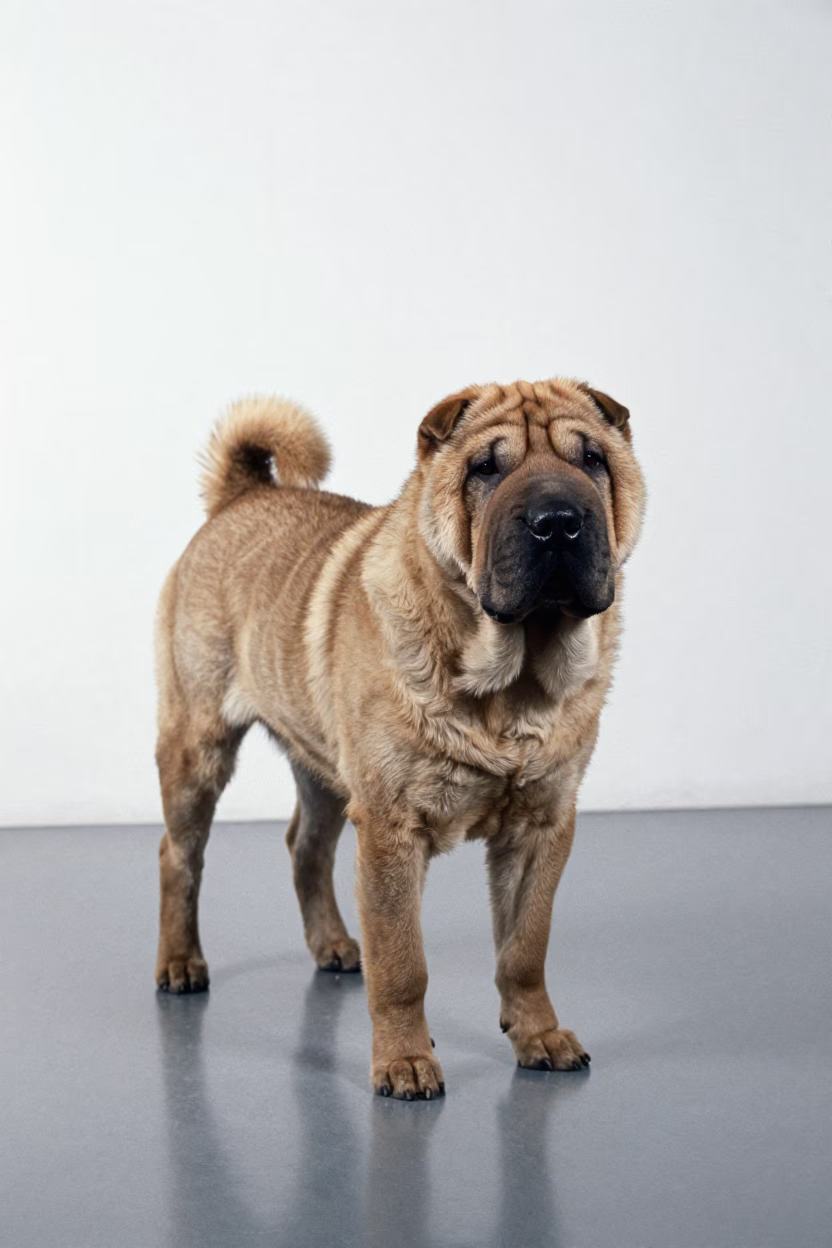 Shar-Pei Portrait with Vintage Grain and Shadow in in a quiet portrait studio with a plain backdrop and eye-level framing in Valladolid