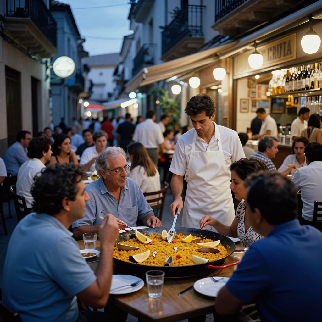 Sharing Paella in Valencia in in Valencia, Spain