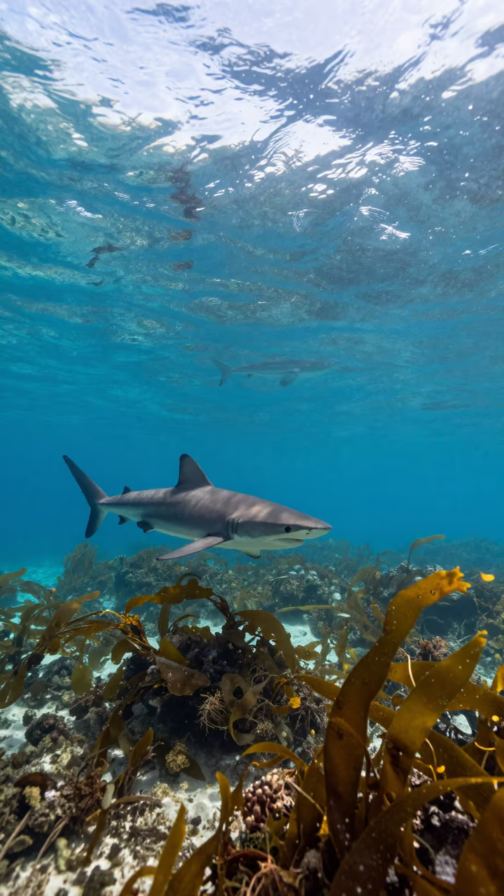 Sharks Circling Kelp-Fringed Seamount in Clear Jamaican Waters in along a kelp-fringed shelf in Jamaica