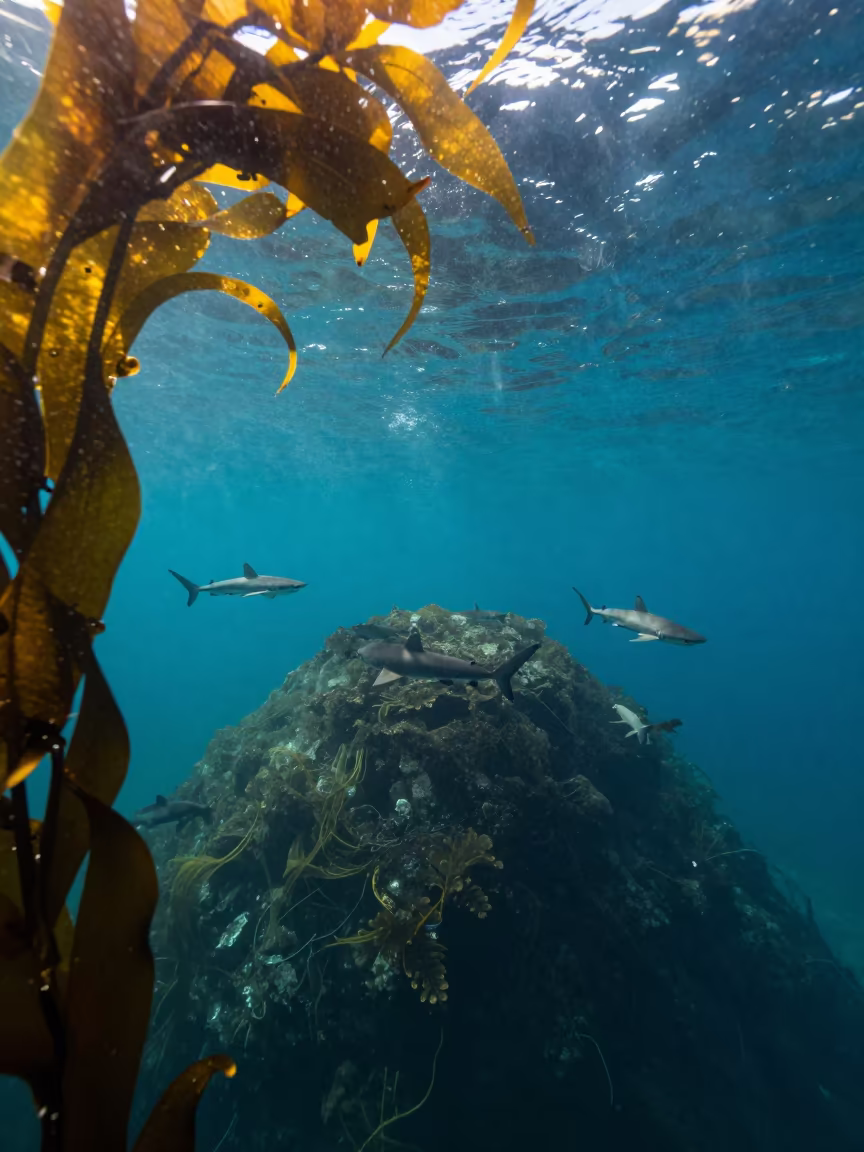 Sharks Circling Seamount Vancouver Kelp Shelf in along a kelp-fringed shelf near Main Street, Vancouver